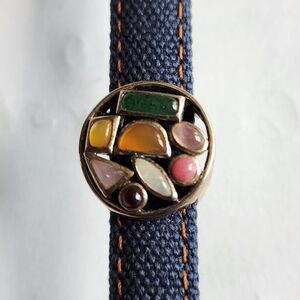 Bracelet, Navy Blue with Orange Stitching Leather Strap with Colored Gem Stones